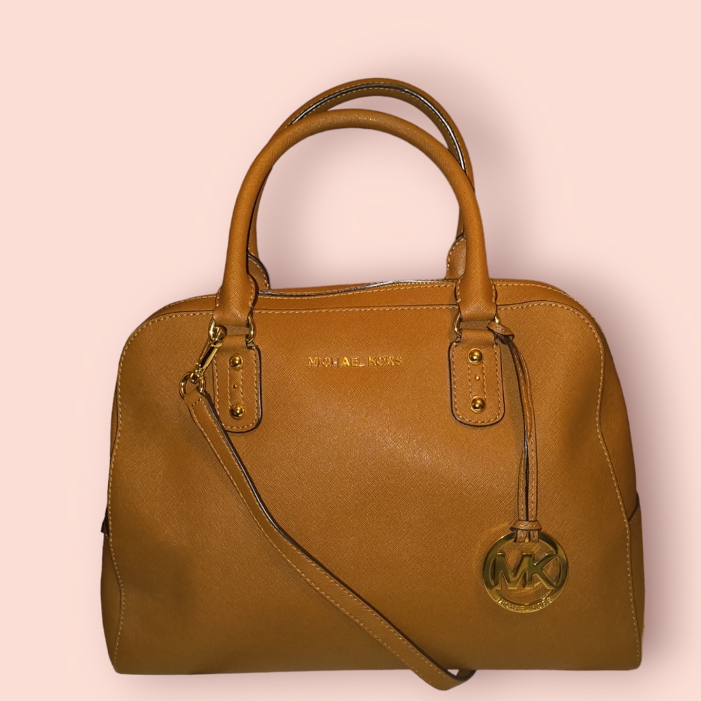 Michael Kors Medium Dome Signature Leather Dome X Crossbody Satchel in Camel